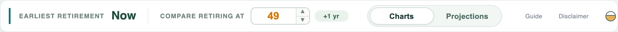 The calculator header showing Earliest retirement: Now, a Compare retiring at stepper set to 49, and the Charts and Projections view tabs.